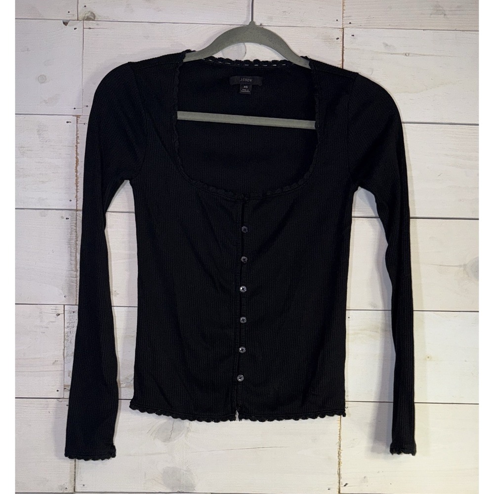 J. Crew Scoopneck Lace Trim Henley Button Down Black Size XS Cotton Modal